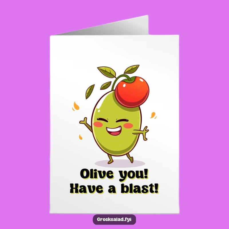 Free Printable Birthday Card: Funny Olive Dodging Tomato, Hilarious Downloadable Gift