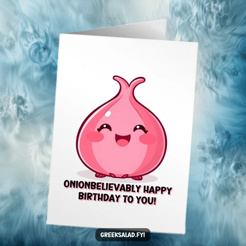 Funny Free Printable Birthday Card: A happy red onion peeks playfully from the edges, ready to wish happy birthday.