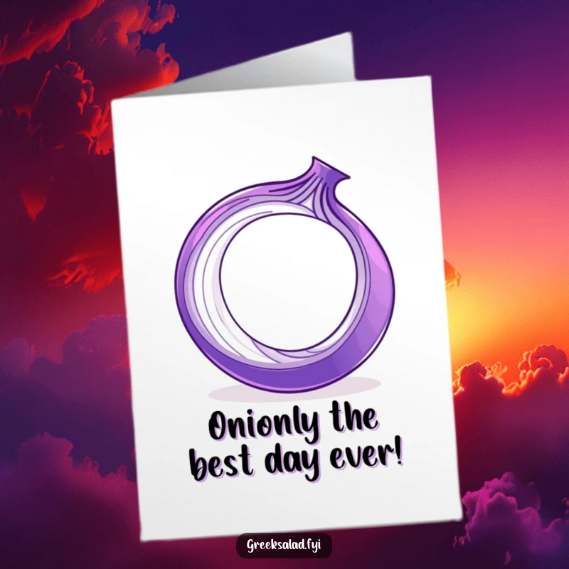 Funny Free Printable Birthday Card: a playful purple onion ring spinning on its edge, ready to party.