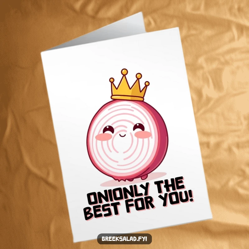 Funny Free Printable Birthday Card: A blushing red onion slice wearing a tiny crown, swaying enchantingly.