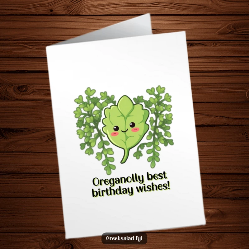 Funny Free Printable Birthday Card: A smiling oregano leaf gently floating downwards with a peaceful expression.