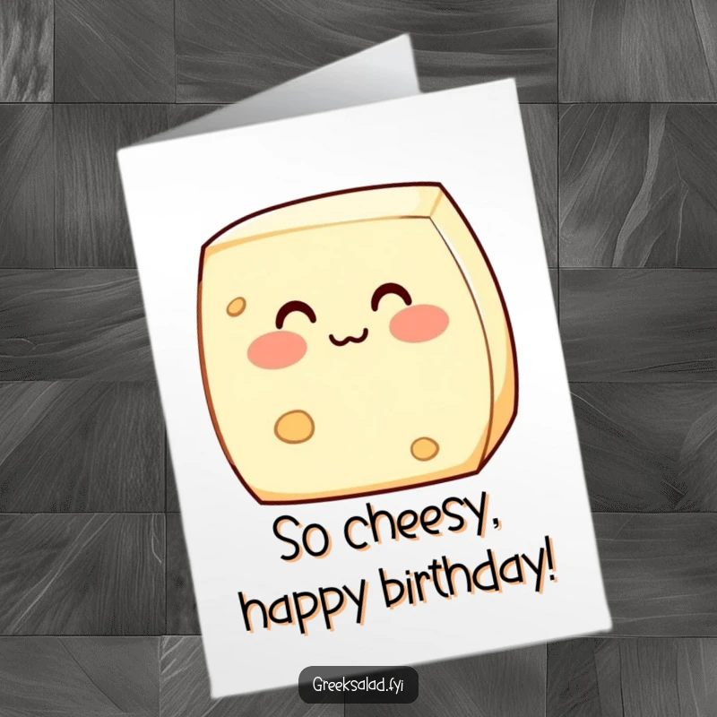 Funny Free Printable Birthday Card featuring a shy feta cheese block blushing deeply, perfect for a low-key, adorable birthday wish.