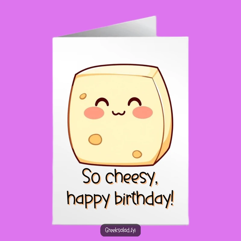 Shy Free Printable Birthday Card: Blushing Feta Cheese Character Downloadable Card
