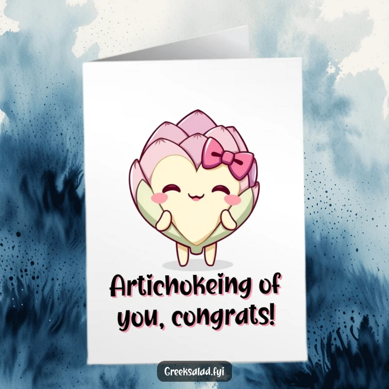 Funny free printable congratulations card: A delighted artichoke heart character executing a charming and happy bow to mark success.