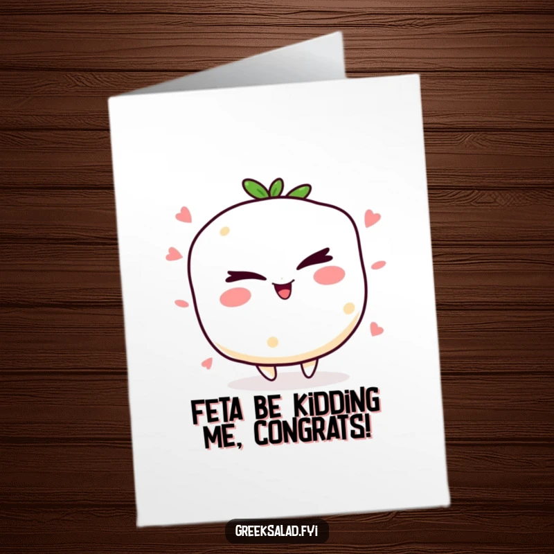 Funny Free Printable Congratulations Card: A jolly feta cheese character winking mischievously, celebrating a great accomplishment.