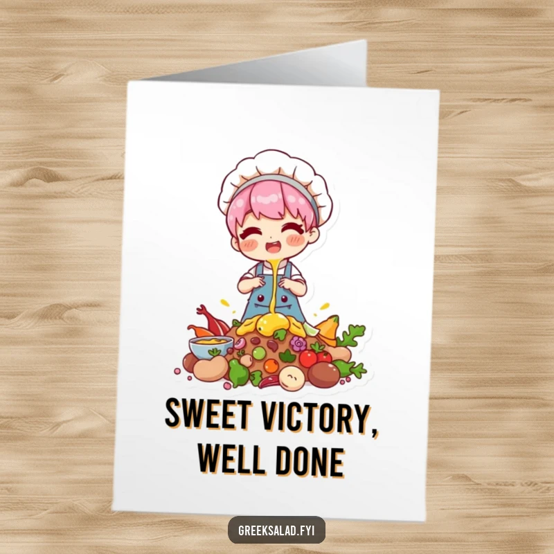 Free Printable congratulations card shows a character happily drizzling over ingredients, symbolizing the sweet rewards of hard work and achievement.