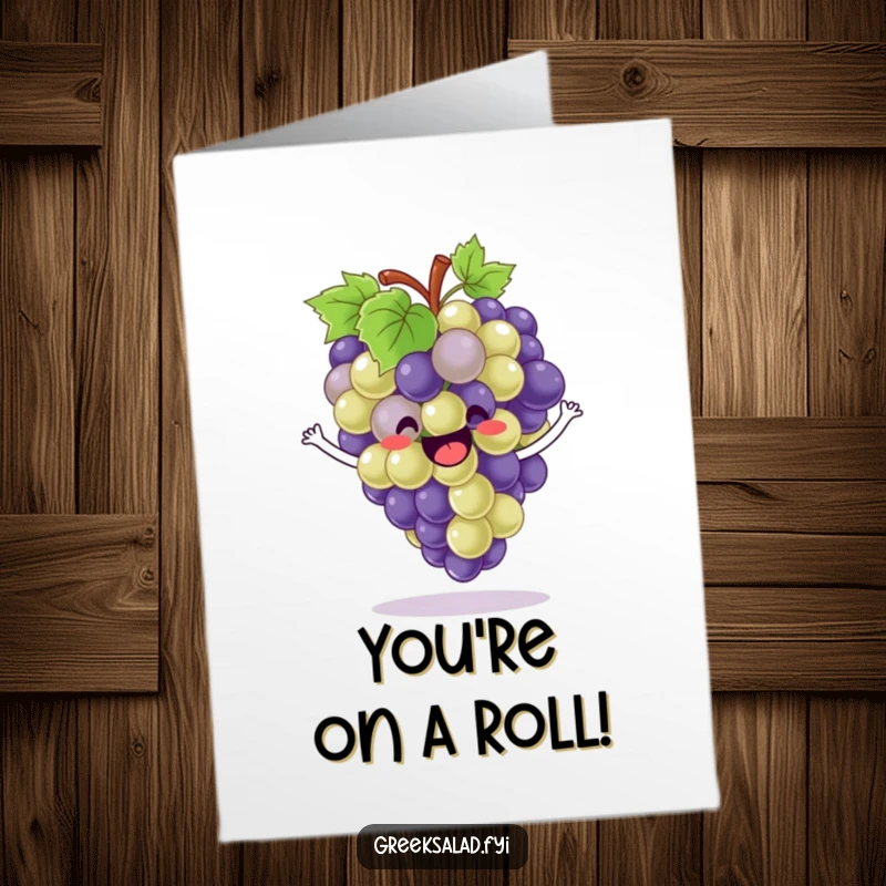 Funny Free Printable Congratulations Card: A happy bunch of grapes bounces excitedly, celebrating a new milestone.