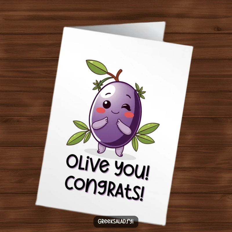 Funny Free Printable Congratulations Card featuring a classy Kalamata olive with a laurel wreath bowing gracefully.