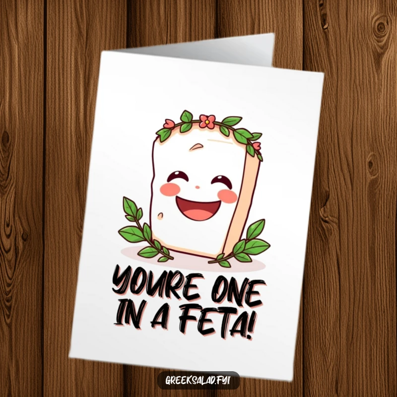 Funny Free Printable Congratulations Card: A laughing feta block wearing a laurel wreath spins in victory, celebrating success humorously.