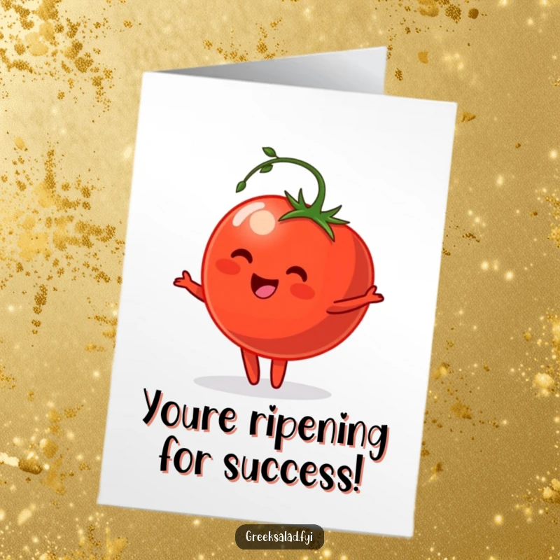 Funny Free Printable Congratulations Card: A happy tomato with a stem doing a gentle pirouette, celebrating success with comedic elegance.