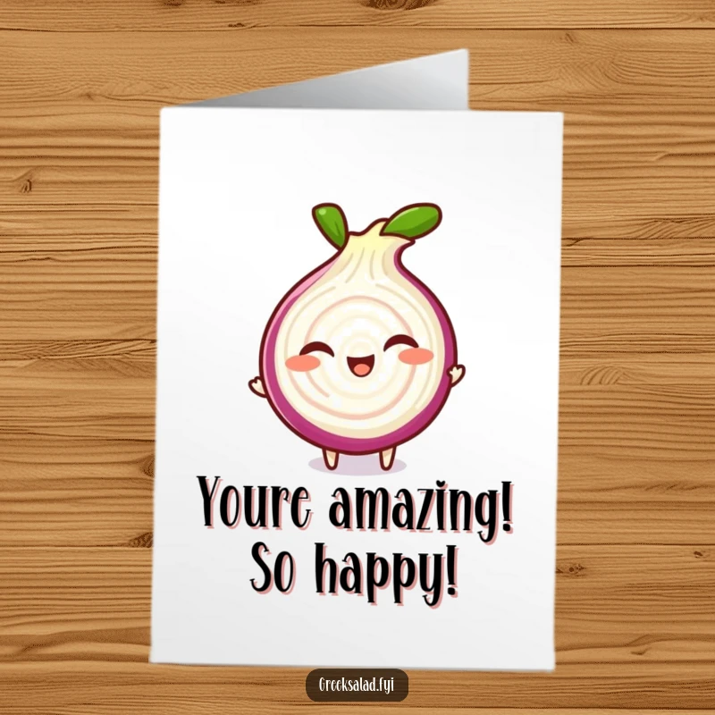 Funny Free Printable Congratulations Card: A giggling red onion slice spinning playfully, ideal for DIY.