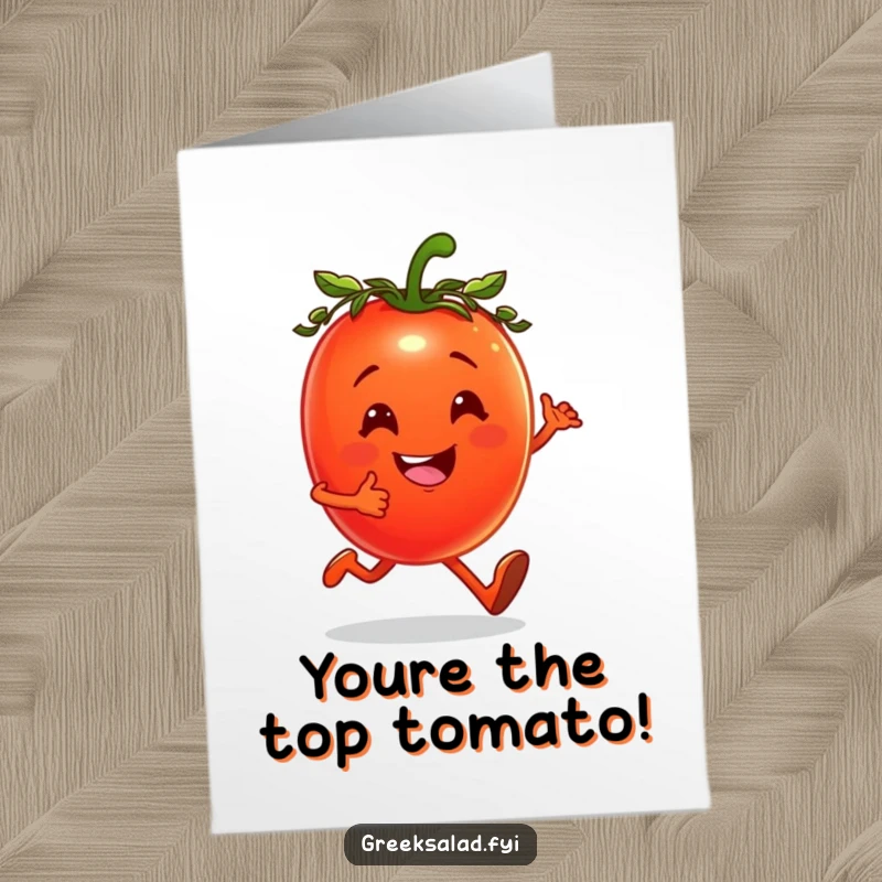 Funny Free Printable Congratulations Card of a cheerful tomato in a laurel wreath, jogging victoriously to mark an achievement.