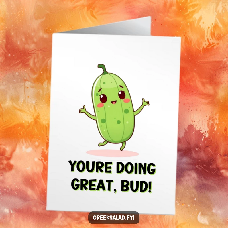 Funny Free Printable Congratulations Card: A smiling cucumber character enthusiastically doing a happy dance.