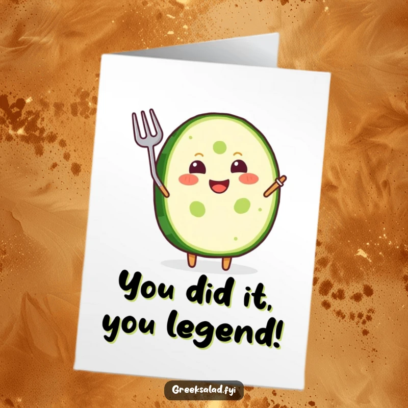 Funny Free Printable Congratulations Card: A happy cucumber slice grins and waves a small fork, celebrating success.