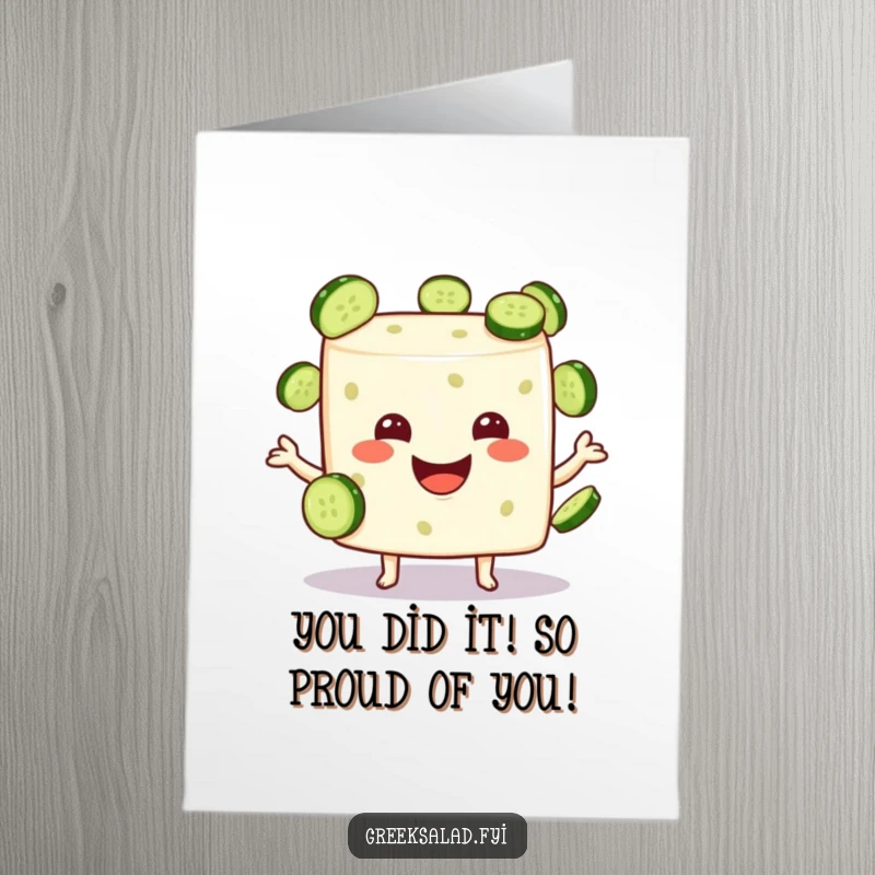 Funny free printable congratulations card: Feta cheese cube expertly juggling cucumber slices, celebrating a fantastic achievement with glee.