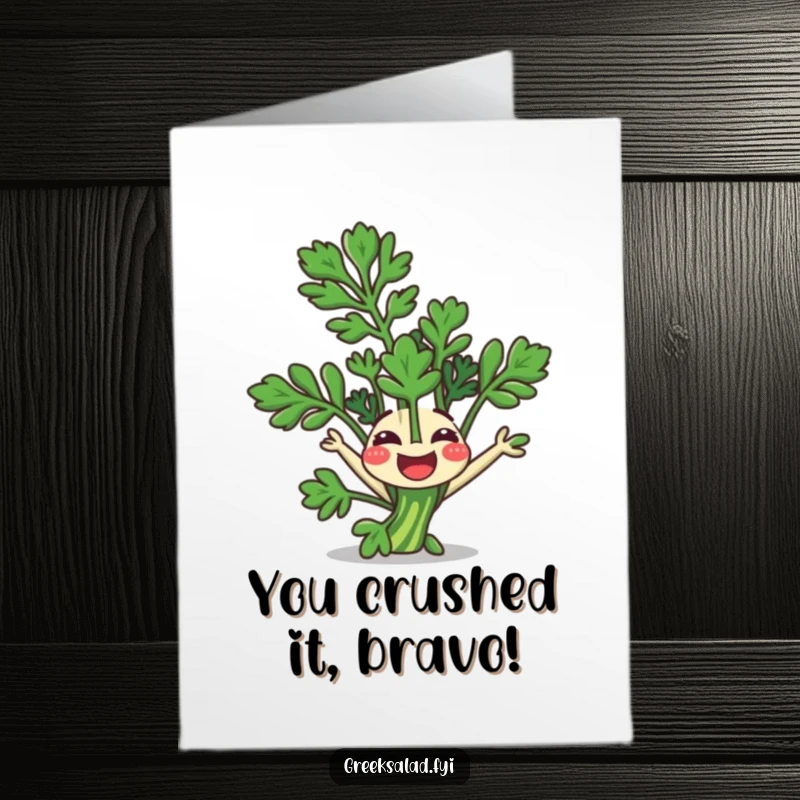 Funny Free Printable Congratulations Card: A happy parsley sprig does a somersault, conveying enthusiastic congratulations.