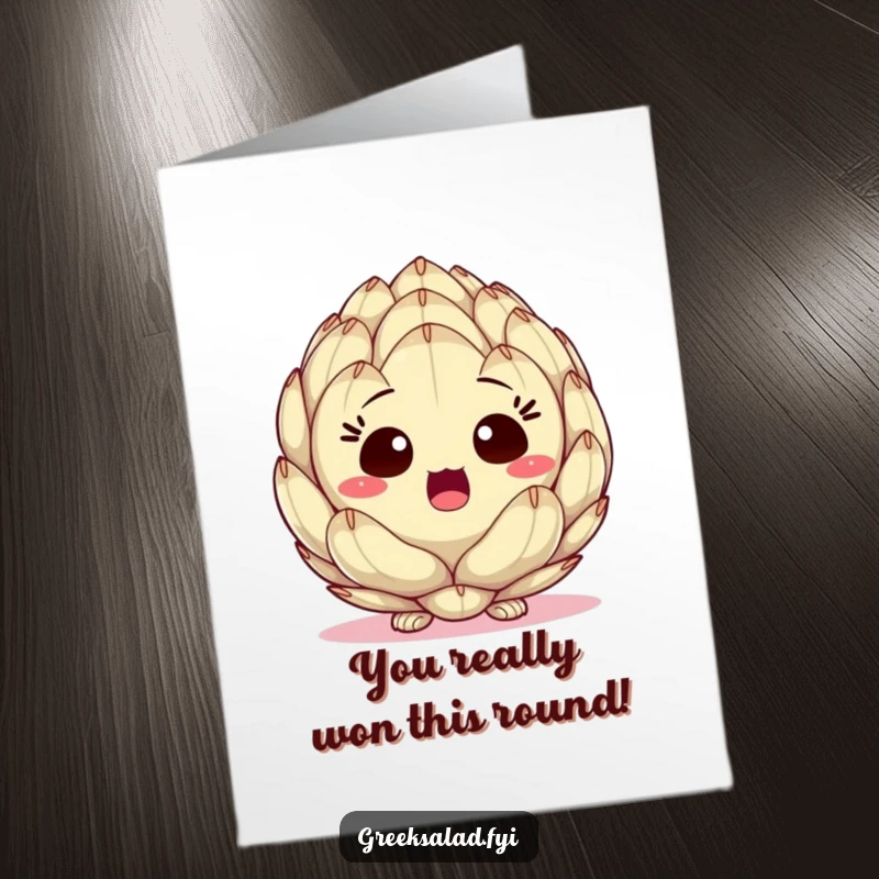 Funny Free Printable congratulations card: An artichoke heart looking comically surprised, perfect for celebrating unexpected wins. Easy to print at home.