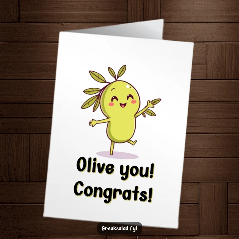 Funny Free Printable Congratulations Card: A smiling olive character doing a playful dance, perfect for celebrating achievements.