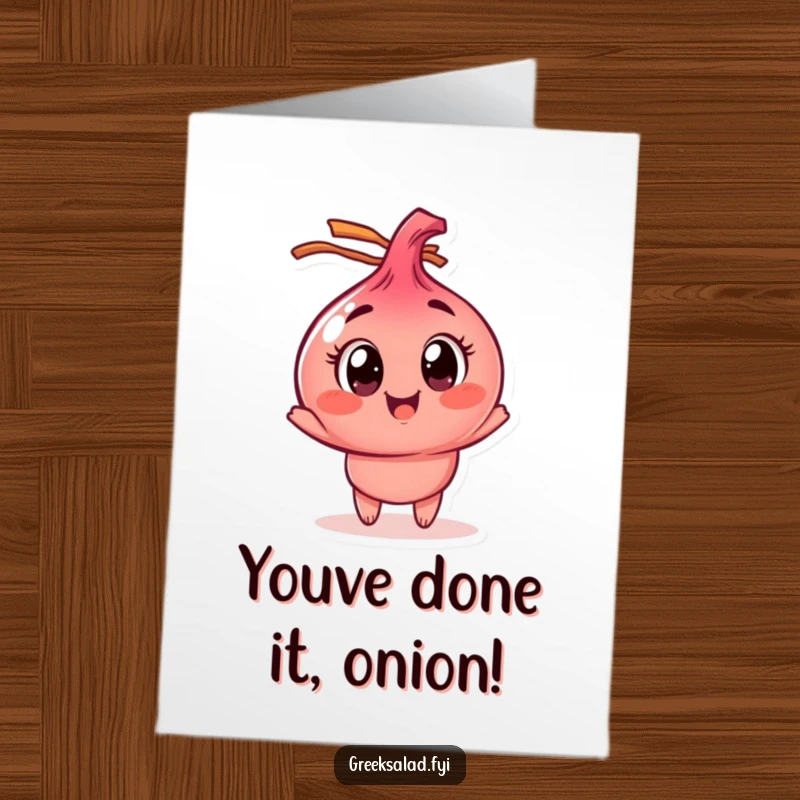 Funny Free Printable Congratulations Card: A playful red onion character with wide eyes happily spinning, perfect for celebrating achievements.