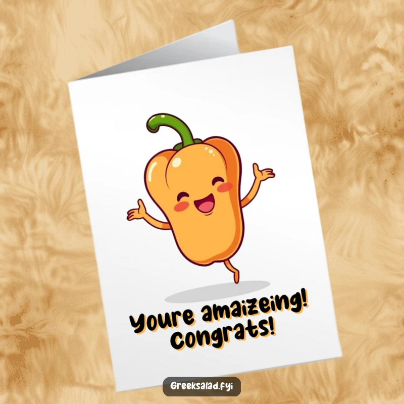 Funny free printable congratulations card of a happy bell pepper doing a lively jig with a stylish flourish.