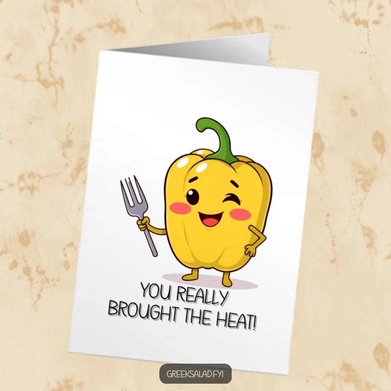 Funny Free Printable Congratulations Card: Jolly bell pepper confidently posing with a mini fork to celebrate.