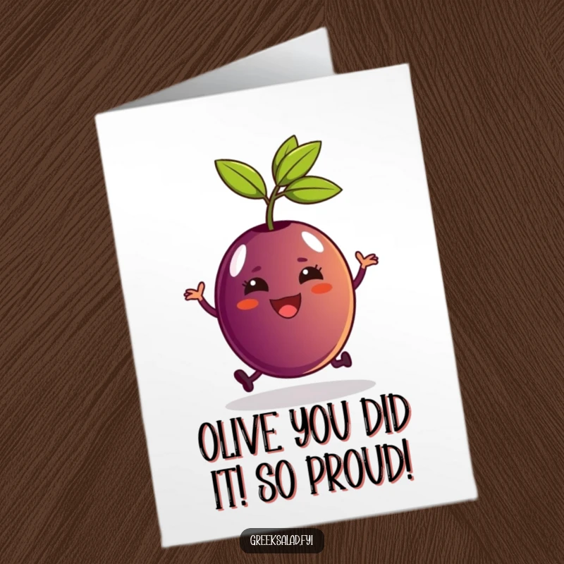 Funny Free Printable Congratulations Card: a delighted Kalamata olive with a stem, hopping with joy for your success.