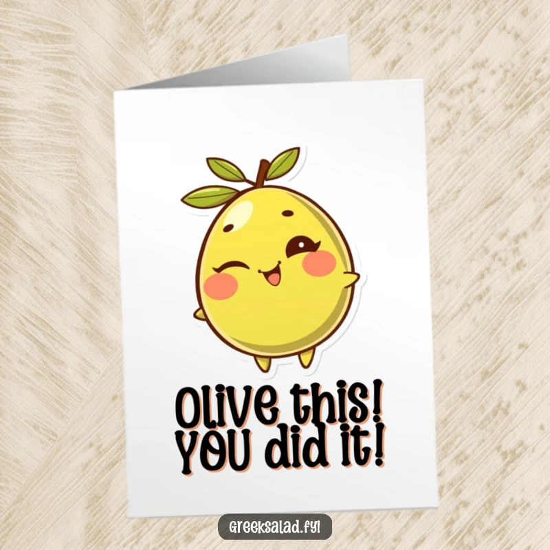Funny Free Printable Olive Congratulations Card: Mischievous olive winking and rolling with glee, celebrating success with humor.