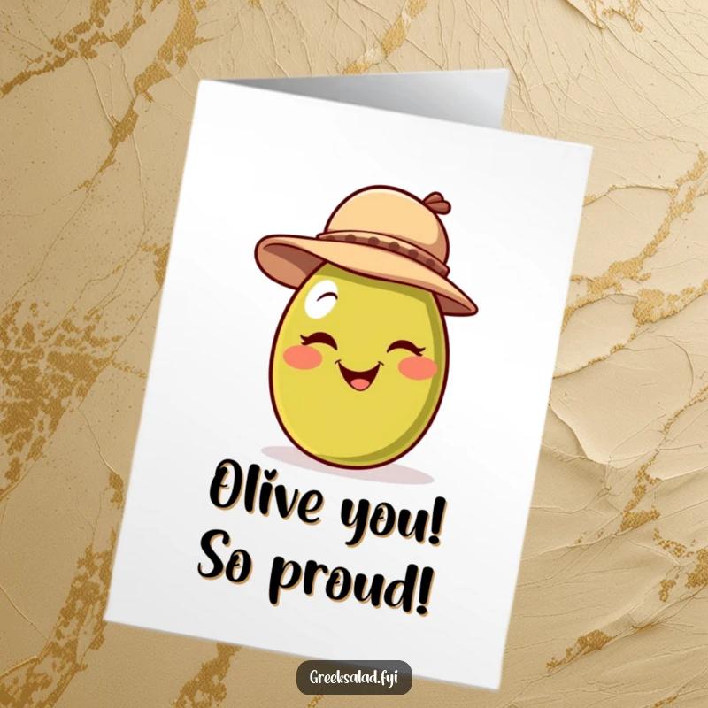 Funny free printable congratulations card with a smiling olive winking playfully, wearing a stylish hat.