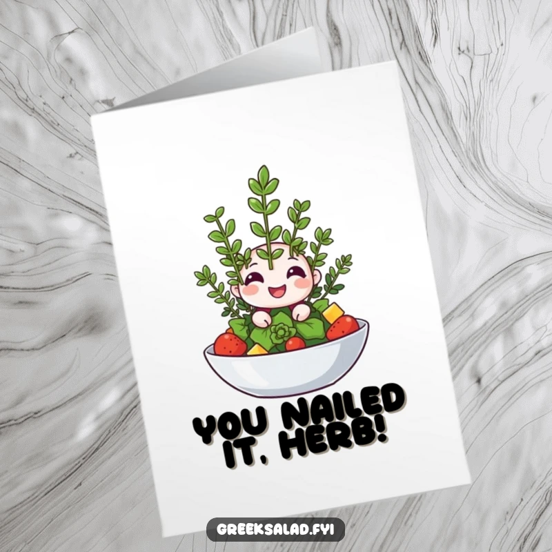 Free Printable Congratulations Card: A happy oregano sprig winks knowingly from atop a salad, celebrating a fresh achievement.
