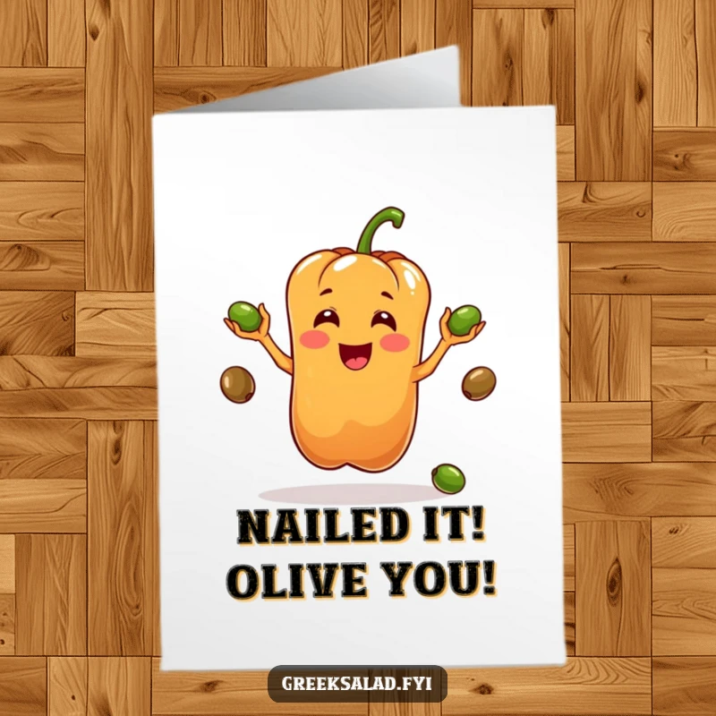 Funny Free Printable Congratulations Card: A cheerful bell pepper juggling olives, a witty print-at-home celebration of success.