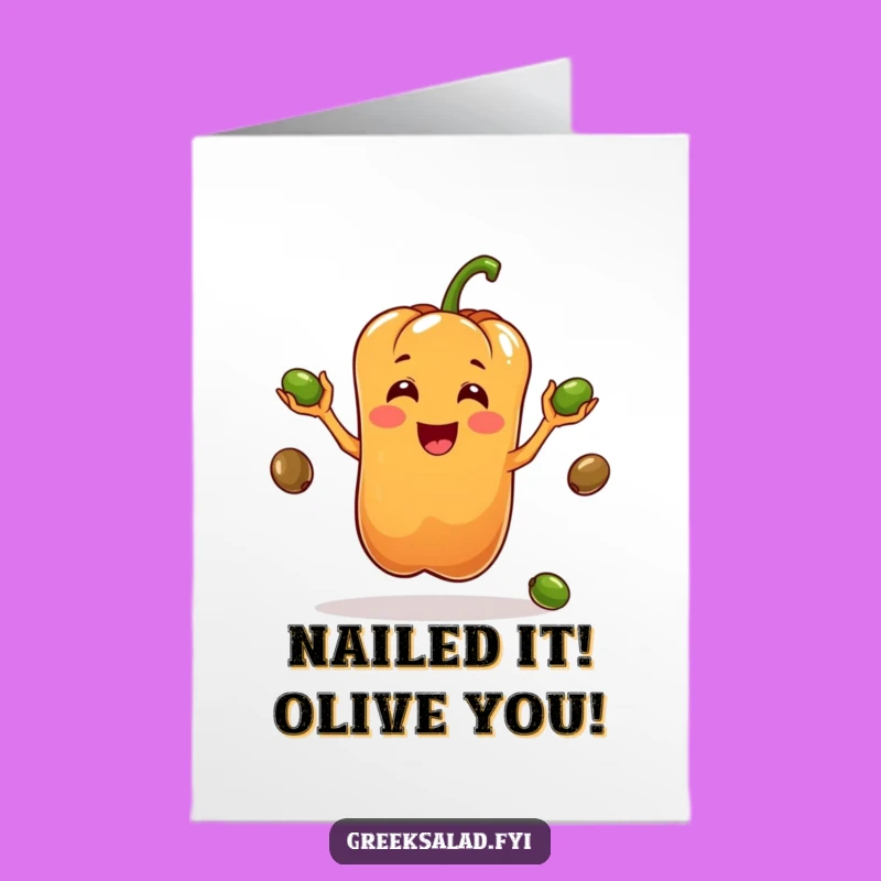 Free Printable Congrats Card: Juggling Pepper, Funny Downloadable Gift for an Olive-able Achievement