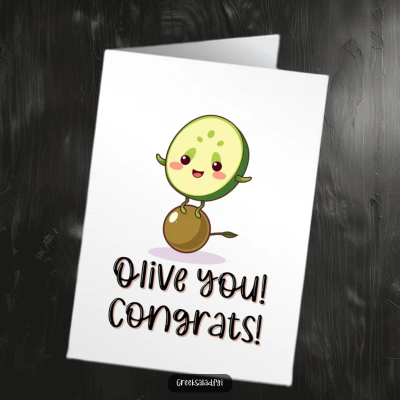 Funny Free Printable Congratulations Card with a smiling cucumber atop an olive, celebrating success with flair.