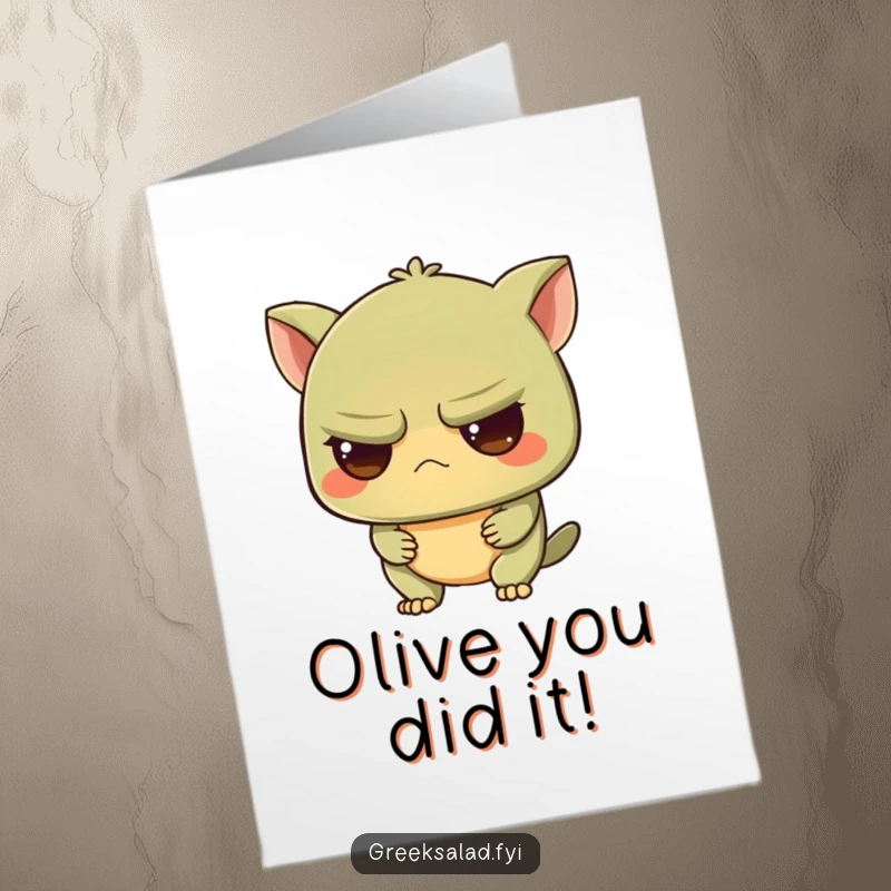 Funny Free Printable Congratulations Card showing a grumpy olive with an intrigued look, conveying a subtle yet curious acknowledgment of achievement.