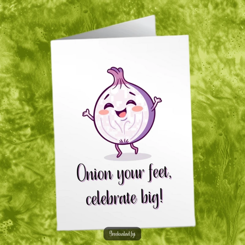 Funny Free Printable Congratulations Card of a purple onion slice giggling while performing a lively dance.