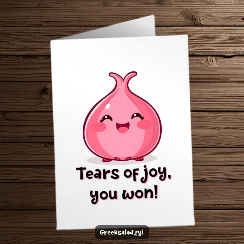 Funny Free Printable Congrats Card: A happy red onion peeks out with excitement, celebrating a fantastic achievement.