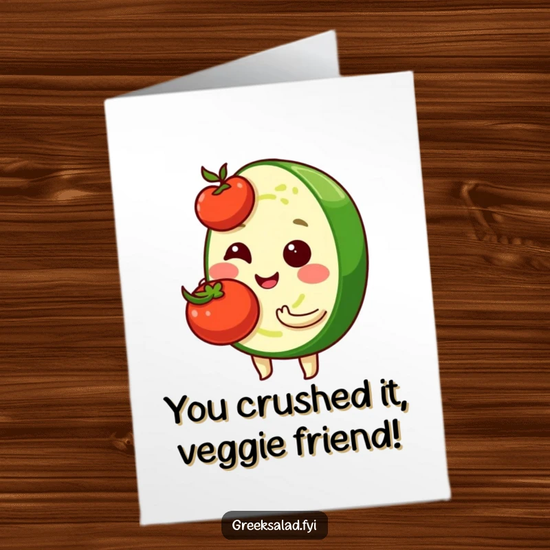 Funny Free Printable Congratulations Card: Shy cucumber slice holding a cherry tomato, great for a unique downloadable gift.