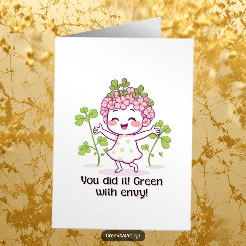 Funny Free Printable congratulations card: An ecstatic oregano sprig doing a celebratory dance, perfect for cheering someone on. Easy to print at home.