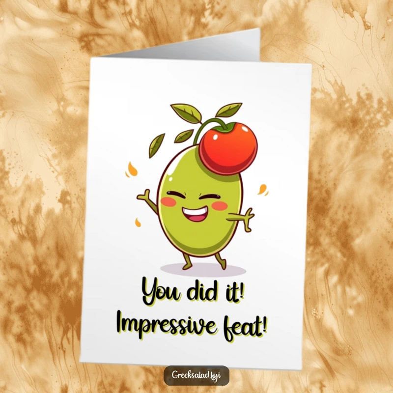 Funny Free Printable Congrats Card: Olive character triumphantly dodging a flying tomato, congratulatory downloadable art.