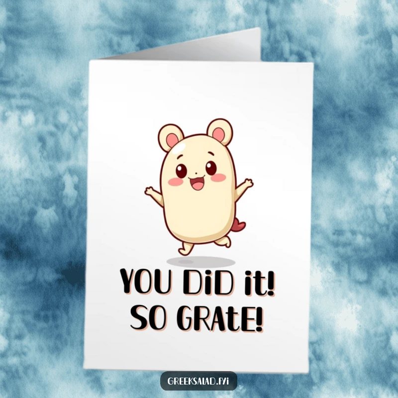 Funny Free Printable Congratulations Card: Feta cheese character in a joyful hop, perfect for a celebratory download.