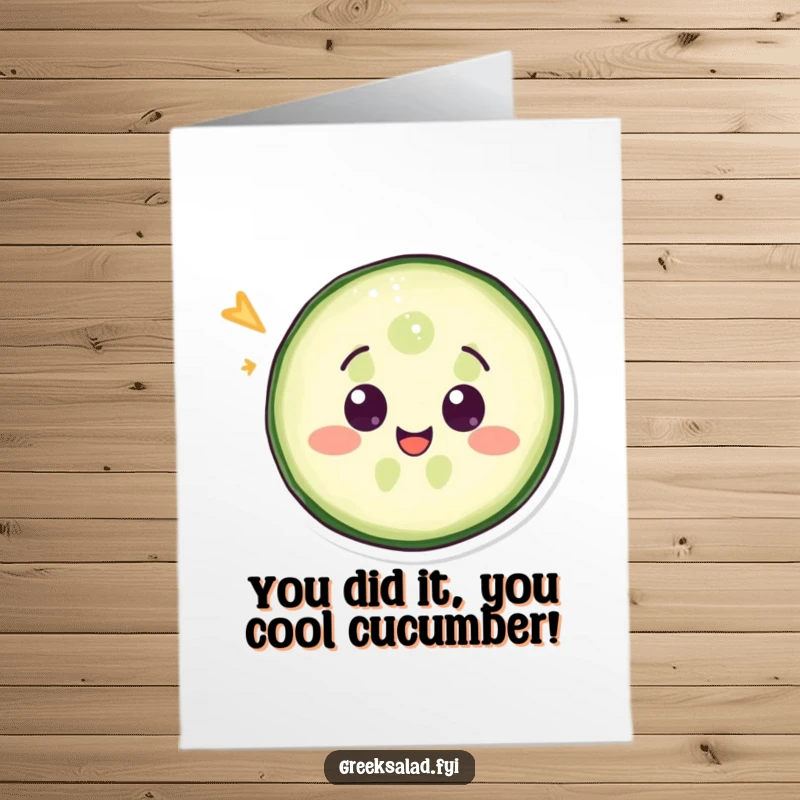 Funny Free Printable Congrats Card: A delighted cucumber slice winks mischievously, celebrating a special achievement.