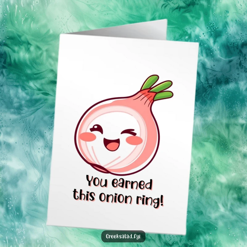 Funny Free Printable Congratulations card featuring a smiling red onion ring winking playfully, perfect for celebrating achievements with humor.