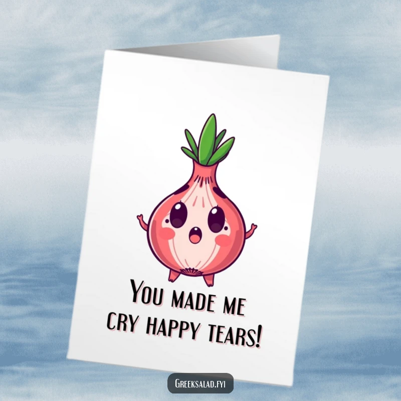 Funny Free Printable Congratulations Card: Red onion with a surprised face and expanding rings, a hilarious congratulatory download.
