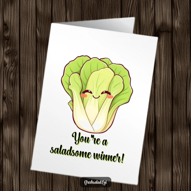 Funny Free Printable congratulations card: A happy romaine lettuce leaf giggling and waving, ideal for celebrating any achievement. Print at home easily.