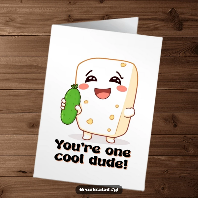 Funny Free Printable Congratulations Card with a laughing feta cheese character holding a cucumber, celebrating success with glee.