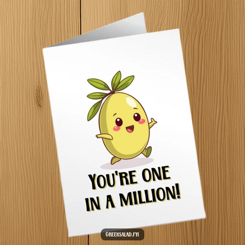 Free Printable Congratulations Card: A playful Greek olive character happily rolling, expressing joy and celebration.