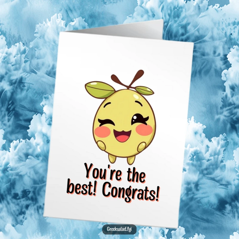 Funny Free Printable Congratulations Card: A smiling olive with its pit gives a playful wink, congratulating someone.