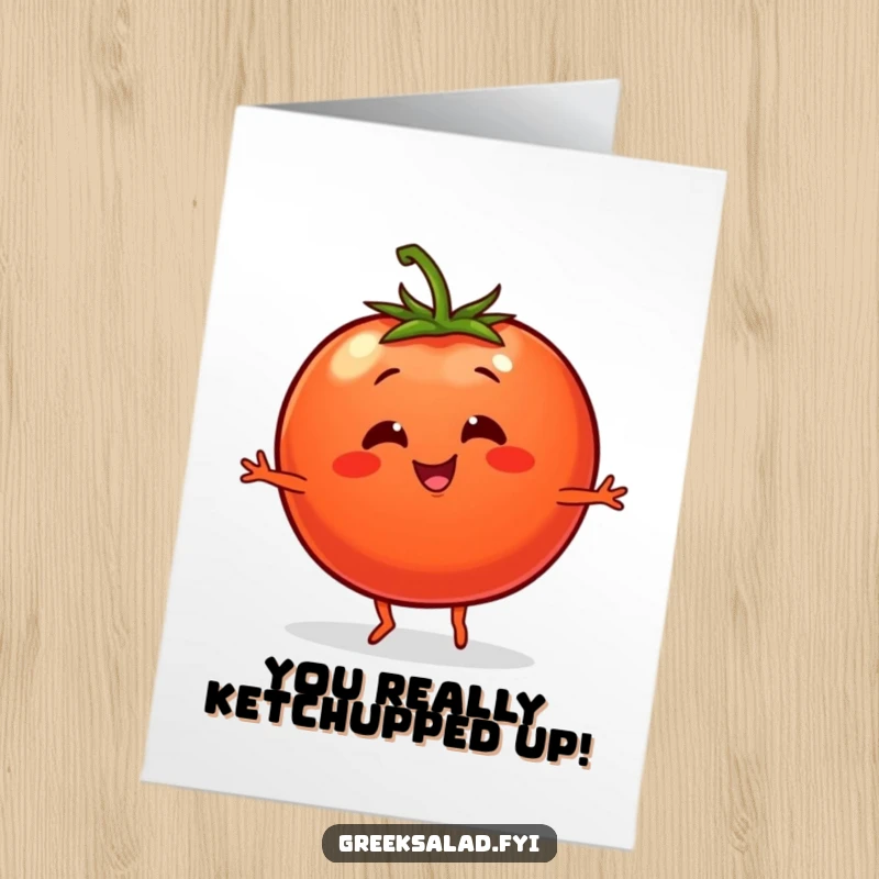 Free Printable Congratulations Card: A happy tomato with tiny legs performs an energetic dance move to celebrate a success.