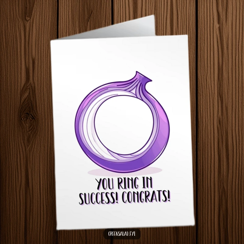 Funny Free Printable Congratulations Card featuring a playful purple onion ring spinning enthusiastically to celebrate your achievement.