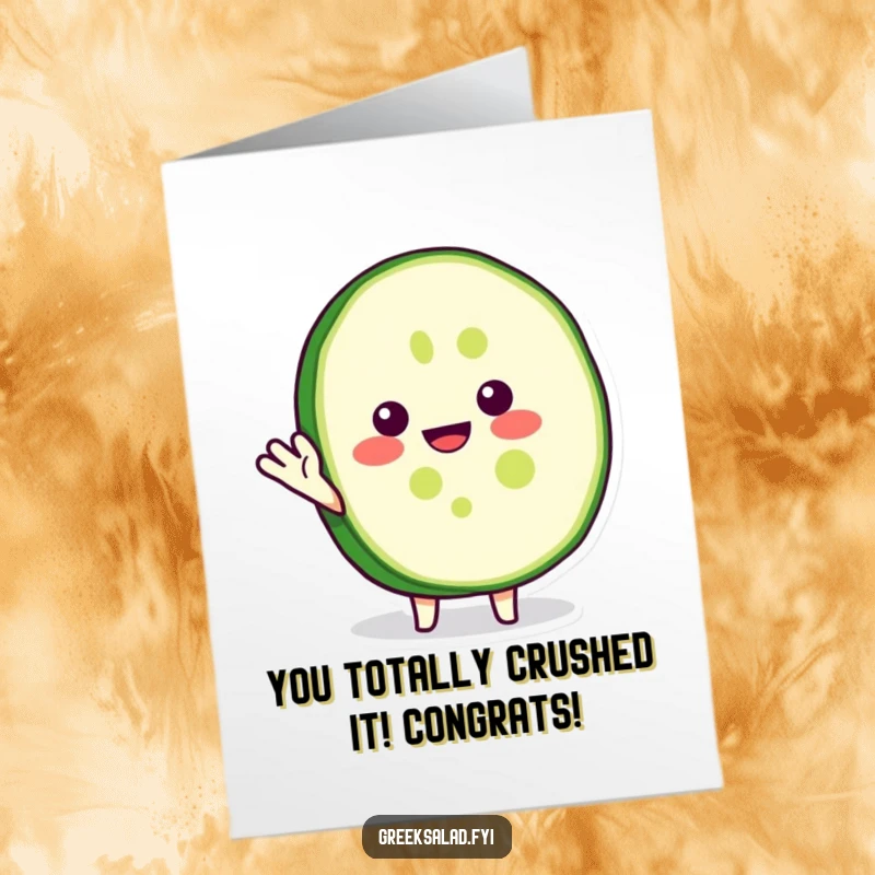 Funny Free Printable Congratulations Card: A happy cucumber slice giving a friendly wave, ideal for DIY.