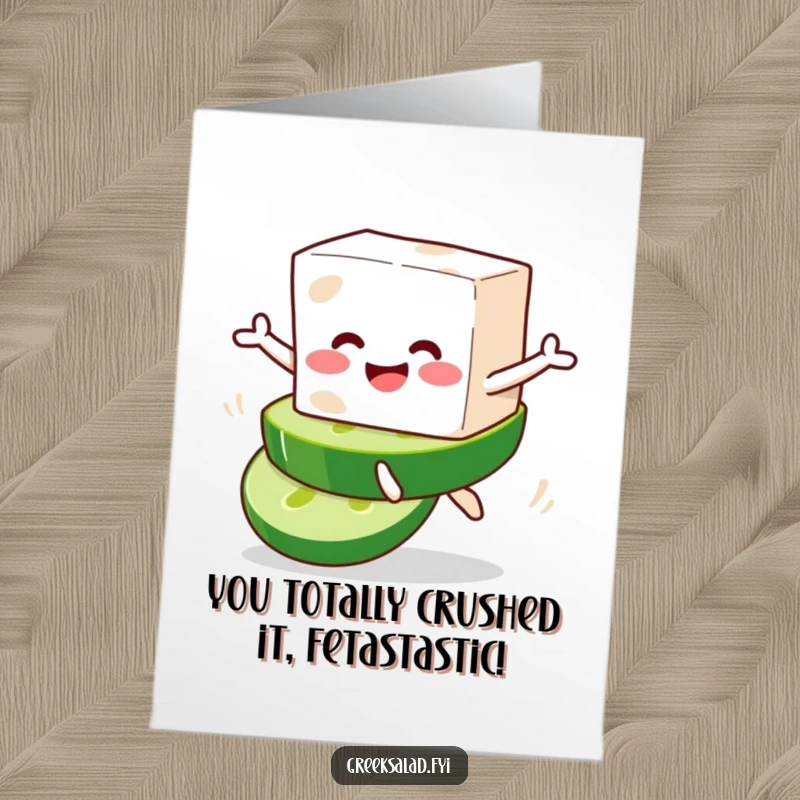 Funny Free Printable Congratulations Card: A cheerful feta cheese block character mid-leap from a crisp cucumber slice, celebrating a great outcome.